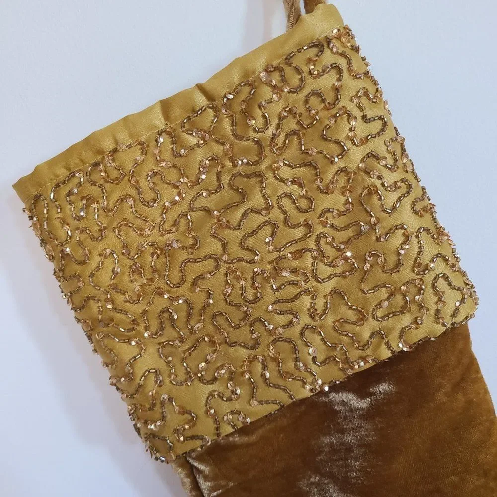 Target Elegant Gold Holiday Stocking Beaded Satin Brushed Velvet Look NEW NWT